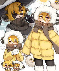  >_< 1girl :3 black_gloves black_pantyhose blonde_hair blush brown_horns brown_scarf closed_eyes closed_mouth cold commentary_request don_quixote_(project_moon) down_jacket fur_hood gloves hair_between_eyes hat heishou_pack-wei_branch_(identity)_(project_moon) highres horizontal_pupils horns jacket limbus_company long_sleeves looking_at_viewer mittens multiple_views one_eye_covered open_mouth own_hands_together pantyhose parted_lips project_moon puff_of_air red_eyes rice_hat ro/ku sancho_(project_moon) scarf sheep_girl sheep_horns short_hair sleeves_past_wrists smile sun trembling white_background white_gloves white_mittens yellow_eyes yellow_jacket 