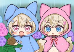  2girls animal_ears bandaid bandaid_hair_ornament blonde_hair blue_eyes blue_flower blue_raincoat blush clouds cloudy_sky commentary_request cropped_shirt crossed_bangs dog_ears dog_girl fang flower fuwawa_abyssgard hair_between_eyes hair_ornament hairclip happy highres hololive hololive_english leaf mococo_abyssgard multiple_girls navel open_mouth outdoors pink_eyes pink_flower pink_raincoat purple_flower rain raincoat sabamiso_(tomomon021831) shirt skin_fang sky snail standing water wet wet_clothes white_shirt x_hair_ornament 