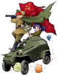  armored_vehicle ba-64 bag bird black_eyes blue_hair boots braid canteen cape explosive flag glasses grenade grin gun hammer_and_sickle hat hayami_rasenjin kutsuzure_sensen military military_uniform military_vehicle nadia_norshteyn nadya_norshtein open_mouth orange_eyes red_hair revolver smile smith_&amp;_wesson_model_3 soviet soviet_flag twin_braids uniform vasilisa_prekrasnaya vehicle weapon white_background world_war_ii 