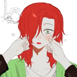  2boys blush cardigan chibi chibi_inset green_cardigan green_eyes hair_over_one_eye hyoutenka_30-do_no_zetsubou kuchinashi_dabi mitsudomoe_koubou_(series) mole mole_under_eye multiple_boys portrait pov pov_hands red_hair rou_(h_s_sinrin) sanpaku sharp_teeth shirt squeezing_cheeks surprised teeth tonimura_yui white_shirt wide-eyed 