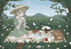  1girl bow brown_hair commentary_request cup day dress drill_hair ebiita_(puri_ab) flower grass green_dress hat hat_bow highres idolmaster idolmaster_cinderella_girls letter love_letter morikubo_nono mountainous_horizon outdoors picnic picnic_basket picnic_blanket shoes short_hair sitting sky solo sun_hat teacup tree twin_drills unworn_shoes 