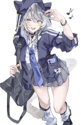  1girl alternate_costume animal_hood bag black_choker blue_necktie bow bracelet braid braid_over_shoulder cat_girl cat_hood cat_tail cellphone charm_(object) choker cipher_(honkai:_star_rail) commentary_request fang grey_hair hair_bow highres honkai:_star_rail honkai_(series) hood jacket jewelry leg_warmers long_hair medium_hair musical_note necktie open_mouth phone pleated_skirt pltnm_ghost ren_(renjiyu) school_uniform shirt shoulder_bag side_braids skirt sleeves_rolled_up smartphone smile solo tail thighs white_background white_bow white_leg_warmers white_shirt yellow_nails 