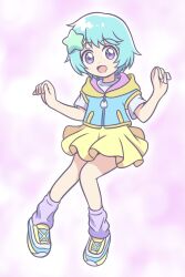  1girl :d aqua_hair blue_jacket blue_shoes commentary curled_fingers dot_nose fairy_kei full_body hair_ornament hands_up highres hood hood_down hooded_jacket jacket karon-t knees_together_feet_apart looking_at_viewer loose_socks mahou_no_shimai_lulutto_lilly midair miniskirt multicolored_jacket multicolored_shoes nonoyama_fuu open_mouth pink_background pleated_skirt purple_socks shirt shoes short_hair short_sleeves skirt smile sneakers socks solo star_(symbol) star_hair_ornament straight_hair t-shirt two-tone_jacket two-tone_shoes violet_eyes white_shirt yellow_jacket yellow_shoes yellow_skirt yume_kawaii zipper_pull_tab 