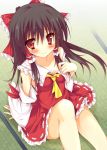  ascot bare_legs bare_shoulders black_hair blush bow detached_sleeves from_above hair_bow hair_tubes hakurei_reimu huei_nazuki long_hair looking_at_viewer miko red_eyes sitting solo tatami touhou 