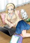  aqua_eyes blonde_hair breasts cat claudia_madobe cleavage computer curtains dress_shirt forehead glasses headphones laptop microsoft mouth_hold on_side pillow pocky red-framed_glasses semi-rimless_glasses shirt skirt solo sweater under-rim_glasses windows 