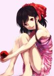  alternate_costume apple bare_legs bare_shoulders black_hair bow food fruit hair_bow hakurei_reimu highres hinomoto_madoka purple_eyes red_eyes smile solo strap_slip touhou violet_eyes 