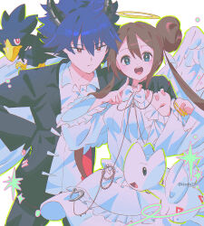  1boy 1girl alternate_costume angel_and_devil bare_shoulders black_jacket blue_eyes blue_hair bright_pupils brown_hair clothing_cutout commentary_request double_bun dress fingerless_gloves gloves hair_bun halo hand_on_another's_shoulder highres horns hugh_(pokemon) jacket kkodle2 light_frown looking_at_viewer murkrow open_mouth pokemon pokemon_black_2_and_white_2 red_eyes rosa_(pokemon) shirt shoulder_cutout smile teeth togetic traditional_halo twintails upper_teeth_only white_dress white_pupils white_shirt 