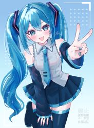  1girl :3 :d absurdres bare_shoulders black_boots black_skirt black_sleeves blue_eyes blue_hair blue_nails blue_necktie blue_trim blush boots commentary_request cowboy_shot detached_sleeves dot_nose fingernails gradient_background grey_shirt hair_intakes hair_ornament hand_on_own_leg hatsune_miku highres leg_up long_hair looking_at_viewer nail_polish necktie pleated_skirt sakanoi_noa shirt shoulder_blush sidelocks skirt sleeveless sleeveless_shirt smile solo thigh_boots tie_clip twintails v very_long_hair vocaloid zettai_ryouiki 