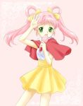  arm_up dress green_eyes hair_intakes hair_rings idol_tenshi_youkoso_youko long_hair microphone pink_hair ruhuna99 shawl singing smile solo tanaka_youko twintails white_background yellow_dress 