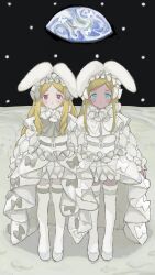  2girls absurdres animal_ear_hairband animal_ears blonde_hair blue_eyes boots dark-skinned_female dark_skin dress earth_(planet) ebiita_(puri_ab) fake_animal_ears full_body hairband highres idolmaster idolmaster_cinderella_girls layla_(idolmaster) mochizuki_hijiri moon multiple_girls neck_ruff planet platform_boots rabbit_ear_hairband rabbit_ears red_eyes space thigh_boots train_(clothing) white_dress white_hairband 
