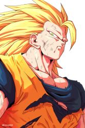  1boy absurdres battle_damage blue_shirt dougi dragon_ball dragon_ball_z green_eyes highres horang4628 long_hair male_focus muscular muscular_male no_eyebrows orange_shirt shirt simple_background solo son_goku spiky_hair torn_clothes torn_shirt upper_body white_background 