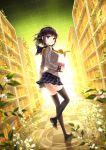  aqua_eyes black_hair black_legwear bookshelf checkered checkered_floor flower highres looking_back nardack ripples room school_uniform shinonome_yuuko shinonome_yuuko_wa_tanpen_shousetsu_wo_aishiteiru solo source_request thighhighs vines 