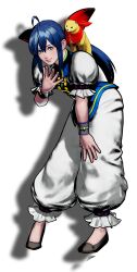  1girl absurdres baggy_pants blue_eyes blue_hair chinese_clothes fatal_fury ferret futaba_hotaru garou:_mark_of_the_wolves hair_ribbon highres long_hair looking_at_viewer low_twintails luchador official_art pants ribbon smile snk solo twintails wristband 