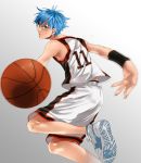  1boy ball basketball basketball_uniform blue_eyes blue_hair kuroko_no_basuke kuroko_tetsuya motion_blur shoes short_hair sneakers solo sportswear sweat tamotsu_(tuft) wristband 