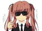  1girl brown_eyes brown_hair female formal long_hair men_in_black necktie nguyen_van-hai parody simple_background smile solo suit sunglasses text translated translation_request twintails white_background yamano_remon 