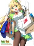  1girl :d bag black_legwear blonde_hair breasts cleavage copyright_request gloves green_eyes hair_ornament open_mouth pantyhose puffy_short_sleeves puffy_sleeves ress sabori salute shopping_bag short_sleeves skirt smile solo text white_gloves 