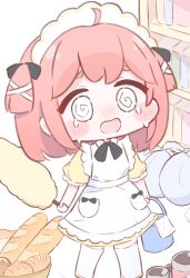  1girl @_@ ahoge apron baguette black_bow black_rib bookshelf bow bread bucket chibi crepe_(trickcal) crying food highres holding holding_bucket maid maid_apron maid_headdress mikeneko_(mikene_koko) pink_hair ribbon tears trash_bag trickcal white_apron 