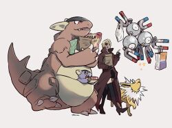  1girl bag black_boots blonde_hair boots brown_coat coat commentary_request crossover eyepatch fingerless_gloves full_body gloves grocery_bag holding holding_bag index_finger_raised jolteon k.k._(kekkai_sensen) kangaskhan kekkai_sensen magneton pokemon pokemon_(creature) shopping_bag ta0oxo0ma thigh_boots walking 