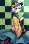  blush checkered checkered_background eyeball green_eyes green_hair hat hat_ribbon heart heart_of_string komeiji_koishi open_mouth ozone_(delta_minus_1) ozone_sou ribbon short_hair silver_hair skirt smile solo sun_hat third_eye touhou 