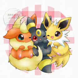  absurdres aqua_eyes black_eyes closed_mouth colored_sclera commentary_request flareon highres jolteon no_humans one_eye_closed pokemon pokemon_(creature) pokemon_focus red_sclera smile tail tsukasa_pika umbreon 