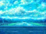  bad_id blue cloud clouds forest grass landscape long_hair nature nomiya nomiya_(no_38) original railing road running school_uniform serafuku sky solo water 