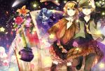  blue_eyes book boots brother_and_sister cloud clouds comet doll dress flower hairband hana_(mew) hand_holding hat holding_hands jewelry kagamine_len kagamine_rin necklace necktie ribbon rose shawl siblings star star_(sky) treble_clef twins vocaloid 