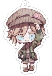  1boy adjusting_clothes adjusting_headwear arm_up bag basil_(birthday)_(omori) basil_(faraway)_(omori) basil_(omori) blonde_hair blue_eyes boots brown_bag brown_boots brown_hat brown_overalls cardigan chibi chibi_only collared_shirt commentary_request full_body green_cardigan grin hair_between_eyes hanabata0320 hat long_sleeves looking_at_viewer male_focus newsboy_cap official_alternate_costume omori open_cardigan open_clothes outline overall_shorts overalls shirt short_hair simple_background smile solo teeth white_background white_outline white_shirt 