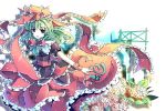  arm_ribbon bad_id bondson bow dress flower frilled_dress frills front_ponytail green_eyes green_hair hair_bow hair_ornament hair_ribbon kagiyama_hina leaf long_hair looking_at_viewer open_mouth outstretched_arms red_dress ribbon solo touhou 