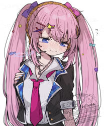  1girl black_jacket blue_eyes blue_nails blush bow breasts closed_mouth collared_shirt commentary_request contrast_lapels dot_nose fish_hair_ornament hair_between_eyes hair_bow hair_ornament hairclip headset jacket jewelry lapels leo/need_luka long_hair looking_to_the_side megurine_luka nail_polish necklace necktie nose_blush notched_lapels open_clothes open_jacket pink_bow pink_hair pink_necktie plaid_clothes plaid_lapels project_sekai purple_bow riiit44 shirt sidelocks signature simple_background sleeves_rolled_up smile solo star_(symbol) star_hair_ornament sweatdrop twintails upper_body very_long_hair vocaloid watermark white_background white_shirt x_hair_ornament 