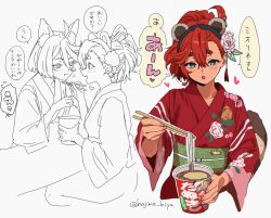  2girls :o :t ahoge animal_ear_fluff animal_ears artist_name black_hairband blue_eyes blush chopsticks commentary eating feeding flower food gundam gundam_suisei_no_majo hair_between_eyes hair_bun hair_flower hair_ornament hairband heart holding holding_chopsticks japanese_clothes kimono kiya_hajime long_sleeves maruchan_midori_no_tanuki_tensoba miorine_rembran multiple_girls multiple_views noodles obi official_alternate_costume open_mouth raccoon_ears raccoon_girl raccoon_tail red_hair red_kimono sash simple_background smile suletta_mercury tail tassel translation_request twitter_username untranslatable_commentary white_background wide_sleeves yuri 