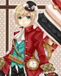  alternate_costume animal_ears aqua_eyes belt blonde_hair bunny_ears chung cravat elsword formal hat male mohuta1203 pink_background pocket_watch polka_dot polka_dot_background rabbit_ears smile solo suit symbol-shaped_pupils top_hat watch 