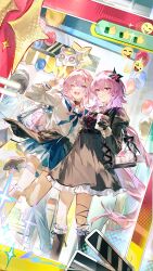  2girls absurdres alternate_costume black_dress black_gloves black_shoes black_socks blue_neckerchief blue_sailor_collar blue_skirt chinese_commentary closed_mouth commentary_request cup disposable_cup dress evernight_(honkai:_star_rail) gloves hair_between_eyes hair_ornament highres holding holding_cup honkai:_star_rail honkai_(series) kneehighs long_hair long_sleeves looking_at_viewer march_7th_(honkai:_star_rail) multiple_girls neckerchief open_mouth pink_hair red_eyes sailor_collar school_uniform shirt shoes shuimian_touzhi skirt smile socks standing standing_on_one_leg teeth upper_teeth_only very_long_hair white_shirt 
