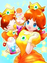  2girls :d ^_^ baby baby_daisy blue_background blue_eyes blush_stickers breasts brooch brown_hair closed_eyes commentary_request crown cup dress dual_persona earrings flipped_hair flower_brooch flower_earrings food frilled_gloves frills gloves happy harurin_z highres holding holding_food holding_ice_cream holding_spoon ice_cream ice_cream_cone jewelry long_hair medium_hair multiple_girls open_mouth orange_dress pacifier princess_daisy puffy_short_sleeves puffy_sleeves shoes short_hair short_sleeves smile spoon star_(symbol) super_mario_bros. super_mario_bros._1 yellow_dress yellow_gloves 