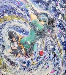  1girl aged_up akagi_rumi aqua_hoodie black_bow black_hairband black_pantyhose blue_hair blunt_bangs bow brown_skirt commentary_request dutch_angle eyelashes eyes_visible_through_hair fighting_stance foot_out_of_frame green_eyes hair_bow hairband hand_up heaven_burns_red holding holding_sword holding_weapon hood hood_down hoodie incoming_attack looking_at_viewer midoriyamamuras miniskirt pantyhose pleated_skirt short_sleeves skindentation skirt solo sword thighs torn_clothes torn_pantyhose traditional_media weapon 