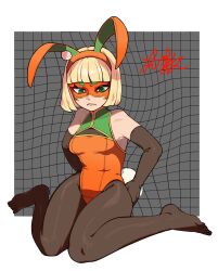  1girl @_@ animal_ear_hairband animal_ears arms_(game) blonde_hair blunt_bangs bob_cut breasts commentary_request dancho_no_mori domino_mask elbow_gloves eye_mask fake_animal_ears feet food gloves green_eyes hairband hat highres kamaboko leotard mask min_min_(arms) narutomaki outside_border pantyhose playboy_bunny rabbit_ear_hairband rabbit_ears rabbit_tail short_hair sitting solo tail wariza 