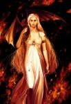  a_song_of_ice_and_fire breasts cleavage daenerys_targaryen dragon dress fire long_hair reine_(artist) solo 