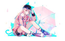  1other absurdres akiyama_mizuki black_hat black_shorts commentary_request dechel full_body grin hat highres jacket legwear_garter long_hair long_sleeves looking_at_viewer one_eye_closed other_focus pink_eyes pink_hair pink_jacket project_sekai purple_shoes purple_socks shoes shorts simple_background single_bare_shoulder sitting smile socks solo track_jacket umbrella white_background 