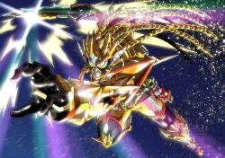  1boy amakawa_mayu armor commentary_request gold_armor holding holding_sword holding_weapon kamen_rider kamen_rider_ex-aid kamen_rider_ex-aid_(hyper_muteki) kamen_rider_ex-aid_(series) male_focus solo sparkle sword tokusatsu weapon 