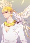  bird bird_on_shoulder blonde_hair bracelet eagle fate/zero fate_(series) feathers gilgamesh grey_background jewelry male necklace niniright red_eyes solo v-neck 