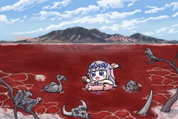  1girl 1other animal_skeleton bare_tree bat_(animal) bing_huyue bird blush_stickers chest_jewel chibi clouds cloudy_sky commentary cup dead_animal drinking_glass english_commentary flamingo floating gem gem_hair_ornament hair_flaps highres hololive hololive_english koseki_bijou lake lake_natron long_hair mountain open_mouth pebble_(koseki_bijou) purple_gem real_world_location red_water reflection reflective_liquid simple_bird skull sky swim_ring tanzania tiara tree very_long_hair violet_eyes virtual_youtuber wine_glass 