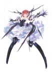  armor armored_dress bare_shoulders copyright_request frills gauntlets greaves hair_ornament outstretched_arms pump_(artist) red_eyes red_hair redhead short_hair simple_background skirt solo spread_arms white_background 