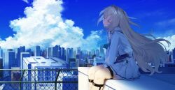  1girl absurdres arms_between_legs ascot belt blonde_hair blue_ascot blue_sky building chain-link_fence city cityscape closed_eyes closed_mouth clouds commentary_request day earphones facing_ahead feet_out_of_frame fence floating_hair from_side hair_intakes highres issun_boushi_(taku37taku) listening_to_music long_hair mementovanitas mp3_player on_rooftop outdoors pleated_skirt riot_music sailor_collar scenery school_uniform serafuku sitting skirt sky skyscraper smile solo thigh_belt thigh_strap virtual_youtuber white_sailor_collar white_serafuku white_skirt 