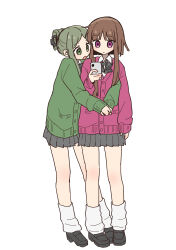  144udy 2girls absurdres alternate_costume alternate_hairstyle black_bow black_bowtie black_shoes bow bowtie brown_hair cardigan cellphone closed_mouth collared_shirt commentary_request contemporary full_body green_cardigan green_hair grey_skirt highres holding holding_phone hug hug_from_side leg_warmers loafers long_hair long_sleeves multiple_girls nishida_satono open_mouth phone pink_cardigan pleated_skirt school_uniform shirt shoes simple_background skirt smartphone teireida_mai touhou violet_eyes white_background white_leg_warmers white_shirt 