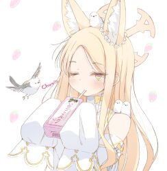  1girl animal_ear_fluff animal_ears animal_on_head animal_on_shoulder bare_shoulders bird bird_on_head bird_on_shoulder blonde_hair blue_archive blush bow commentary cross_halo detached_sleeves dress drinking_straw drinking_straw_in_mouth extra_ears eyelashes food_print forehead fox_ears fox_girl fruit_print halo hands_up heart highres kaorun_(momiji_hourensou) light_smile long_hair looking_at_viewer multicolored_eyes on_head one_eye_closed parted_bangs pink_eyes seia_(blue_archive) sidelocks simple_background sleeve_bow sleeveless sleeveless_dress sleeves_past_fingers sleeves_past_wrists solo straight_hair strawberry_print tsurime two-tone_eyes upper_body very_long_hair white_background white_bird white_dress wide_sleeves yellow_bow yellow_eyes yellow_halo 
