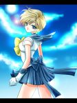  bishoujo_senshi_sailor_moon blonde_hair blue blue_background blue_dress blue_eyes bow dress letterboxed looking_back magical_girl pleated_skirt ribbon sailor_collar sailor_uranus shirataki_kaiseki short_hair skirt sky solo ten&#039;ou_haruka ten'ou_haruka tiara 