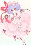  bat_wings blush dress hat highres lavender_hair looking_at_viewer parted_lips red_eyes remilia_scarlet slit_pupils smile solo touhou wings wrist_cuffs yutsumoe 
