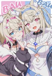  2girls animal_ear_fluff animal_ears bandaid bandaid_hair_ornament belt black_collar blonde_hair blue_belt blue_eyes blue_hairband blue_streaks blush breasts collar collarbone commentary_request cropped_jacket cropped_shirt dog_ears dog_girl dress fake_horns fangs fur-trimmed_jacket fur_trim fuwawa_abyssgard fuwawa_abyssgard_(1st_costume) hair_between_eyes hair_ornament hairband headphones headphones_around_neck highres hololive hololive_english horn_hairband horns inward_v jacket large_breasts long_hair looking_at_viewer makaro_oekaki mococo_abyssgard mococo_abyssgard_(1st_costume) multicolored_hair multiple_girls open_clothes pink_eyes pink_hairband pink_nails pink_streaks shirt short_hair siblings sisters spiked_collar spikes streaked_hair twins upper_body v virtual_youtuber white_dress white_shirt x_hair_ornament 