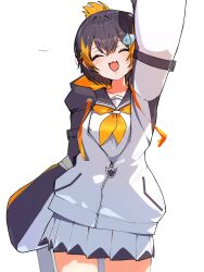  1girl :d ^_^ arm_belt arm_up black_hair black_jacket black_sailor_collar blonde_streaks closed_eyes commentary cowboy_shot crossed_bangs facing_viewer fish_hair_ornament folded_ponytail hair_between_eyes hair_ornament highres hood hood_down hooded_jacket jacket long_sleeves multicolored_hair neckerchief neko_kai-san nijisanji nijisanji_en partially_unzipped petra_gurin petra_gurin_(1st_costume) pleated_skirt sailor_collar school_uniform serafuku shirt short_hair simple_background skirt sleeves_past_fingers sleeves_past_wrists smile solo streaked_hair twitter_username two-tone_hair virtual_youtuber white_background white_jacket white_shirt white_skirt yellow_neckerchief 