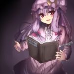  bad_id book crescent dress floating_book hair_ribbon hat long_hair looking_at_viewer open_mouth patchouli_knowledge purple_hair red_eyes ribbon smile solo striped striped_dress tokumei touhou 