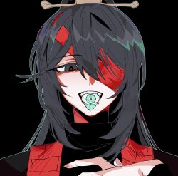  1boy absurdres aqua_tongue armband black_background black_eyes black_hair chinese_clothes commentary eyeball hanfu highres hong_lu_(project_moon) hongyuan_(identity)_(project_moon) limbus_company long_hair male_focus open_mouth project_moon red_armband sei02080308 simple_background smile solo stole very_long_hair xiao_guan_(headdress) 